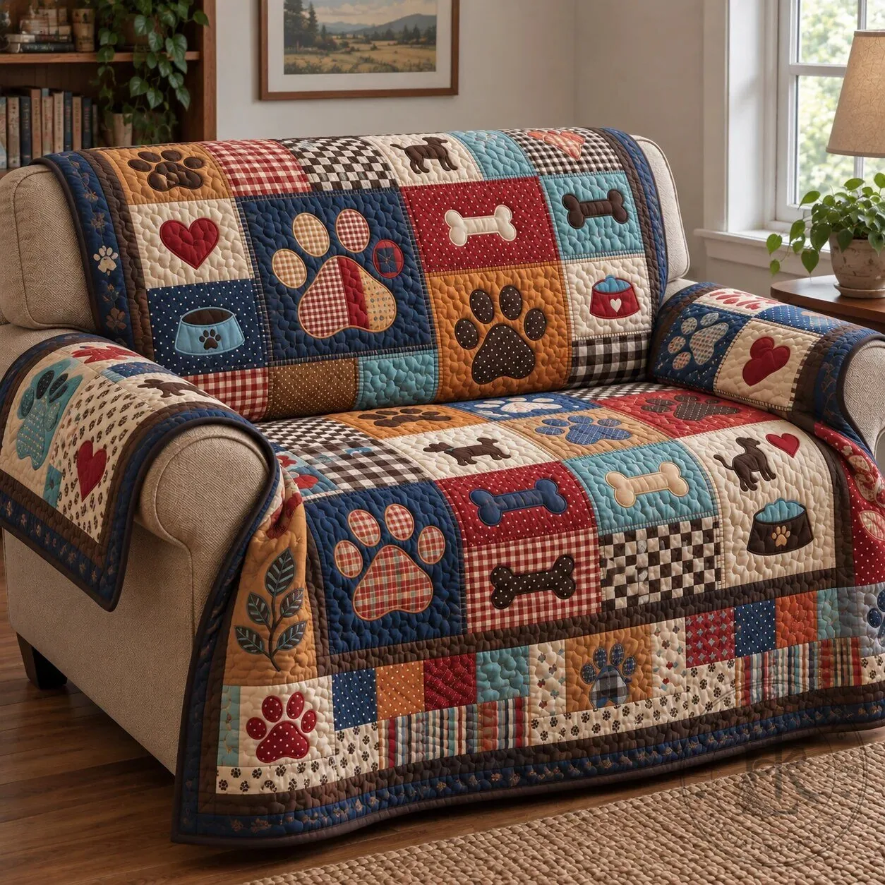 Colorful Patchwork Paw Print Quilted Sofa Cover for Pet Owners and Dog Lovers