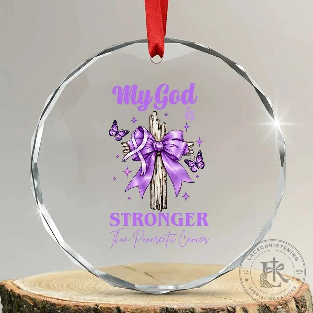My God Is Stronger Than Pancreatic Cancer Purple Ribbon Awareness Ornament