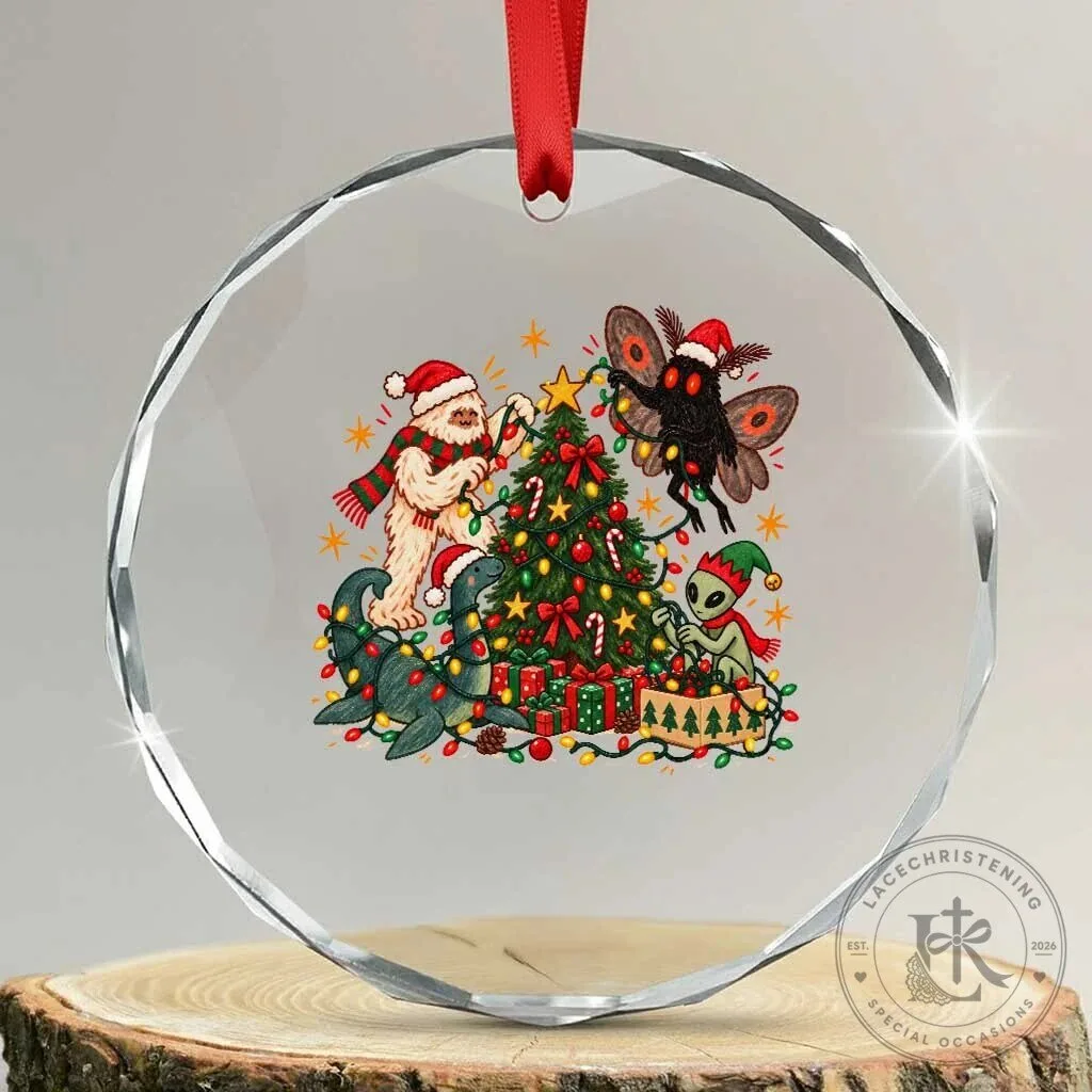 Cryptids Decorating Christmas Tree Bigfoot Mothman Nessie Alien Holiday Ornament
