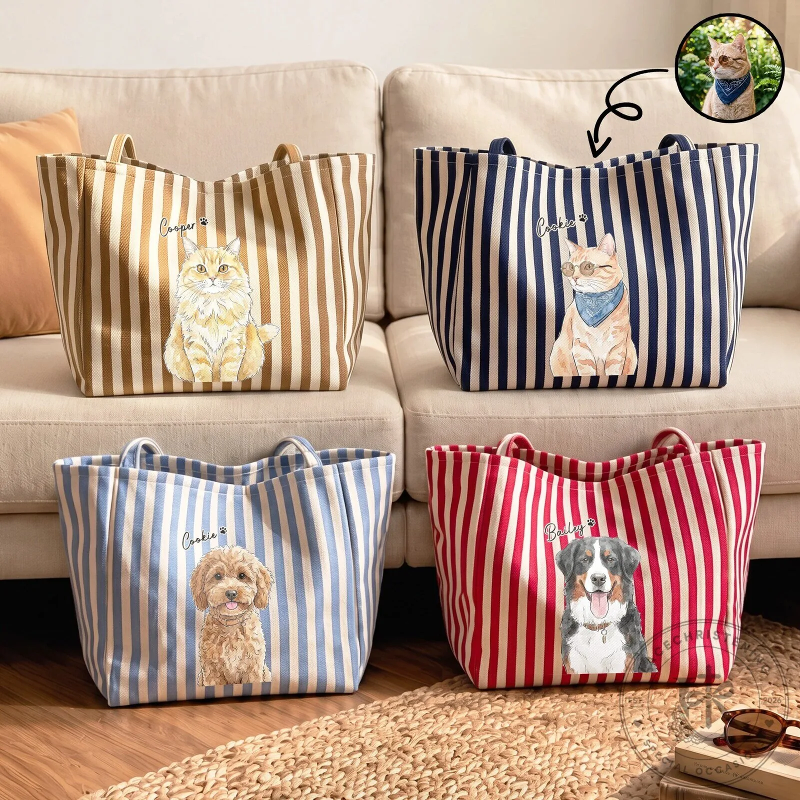 Personalized Pet Portrait Striped Canvas Tote Bag for Dog and Cat Lovers