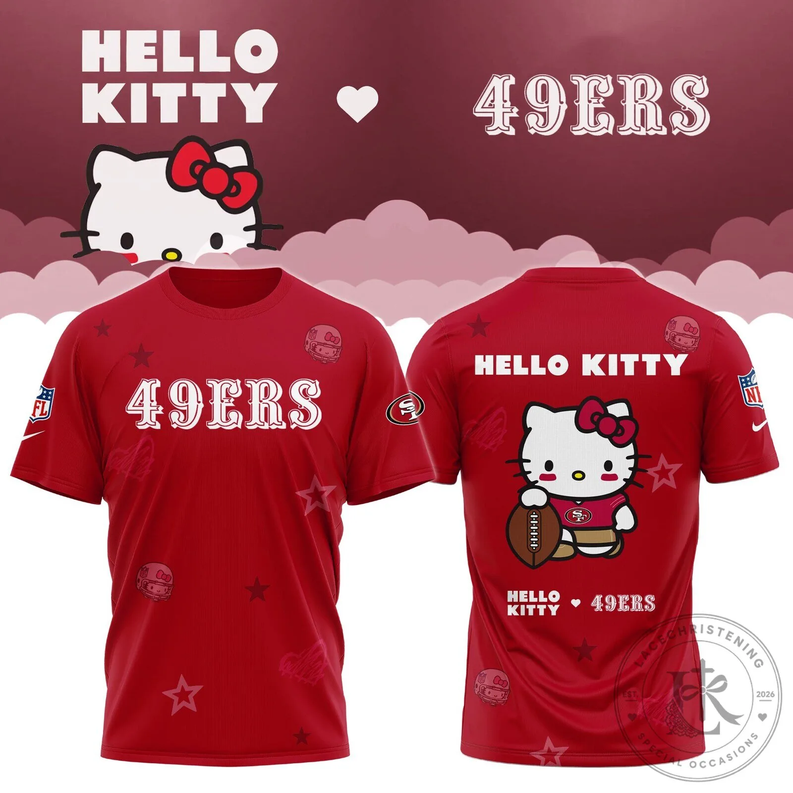 San Francisco 49ers Hello Kitty Football Fan Red T-Shirt 1 San Francisco 49ers Hello Kitty Football Fan Red T-Shirt