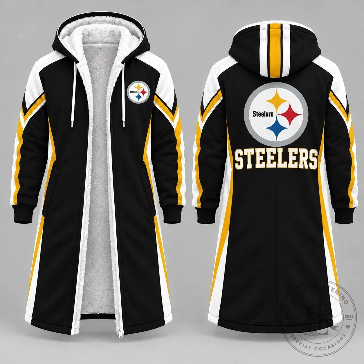 Pittsburgh Steelers NFL Team Logo Sherpa Fleece Lined Hooded Longline Jacket