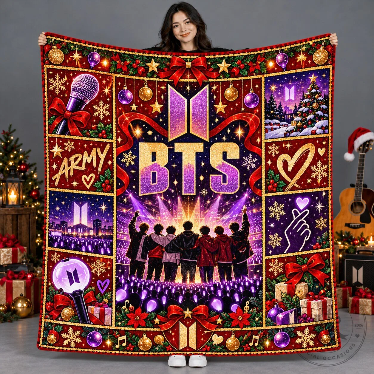 BTS Christmas Holiday Concert Purple Logo Collage Fleece Blanket for ARMY Fans