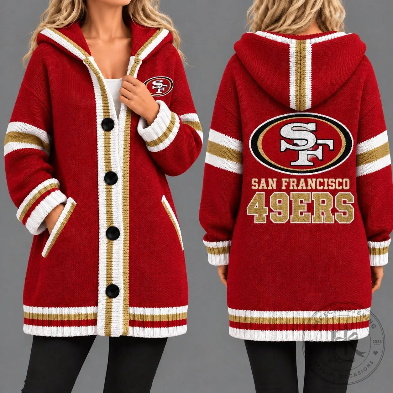 San Francisco 49ers NFL Game Day Oversized Knitted Cardigan Hoodie for Women