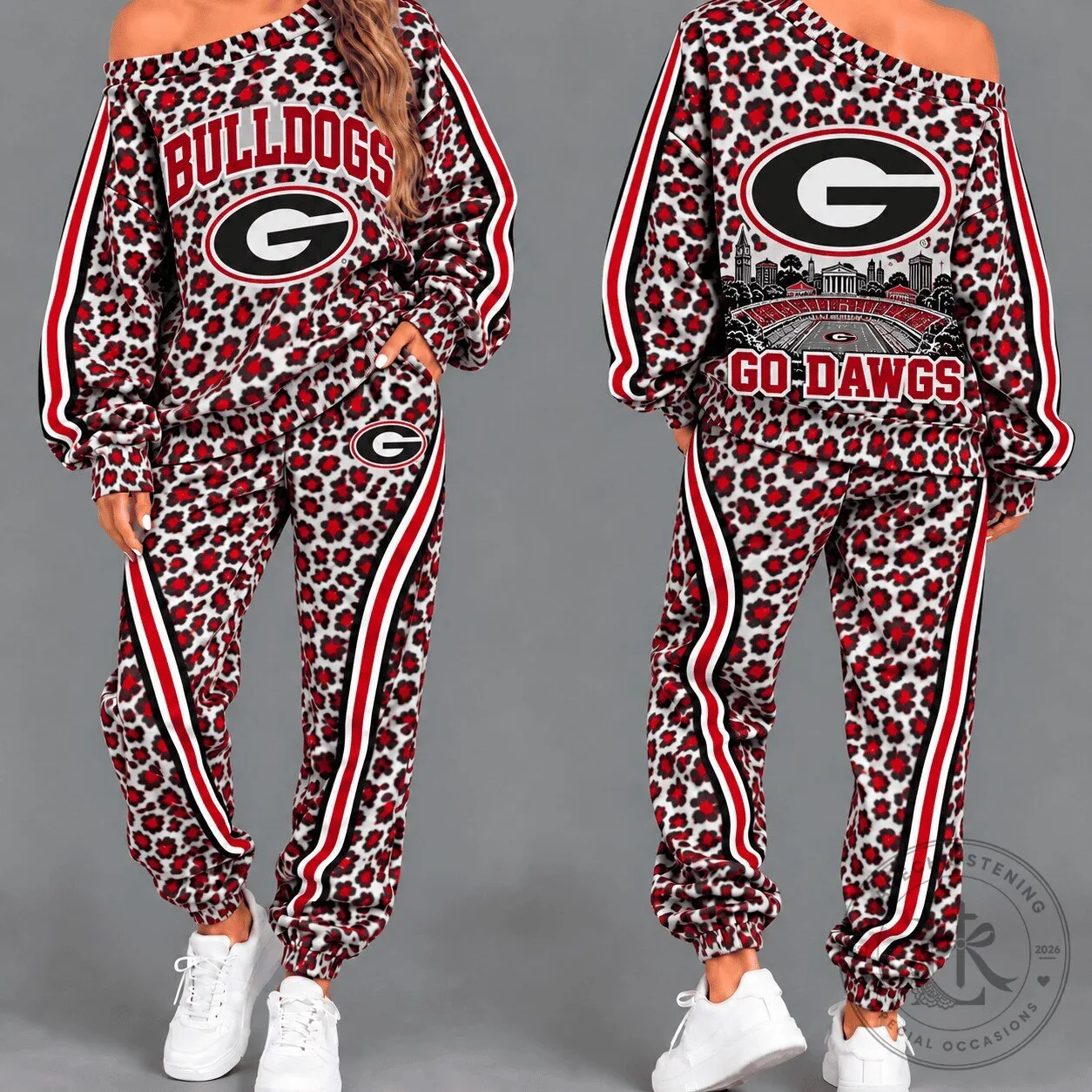 Georgia Bulldogs Women's Leopard Print Off Shoulder Sweatshirt and Joggers Set