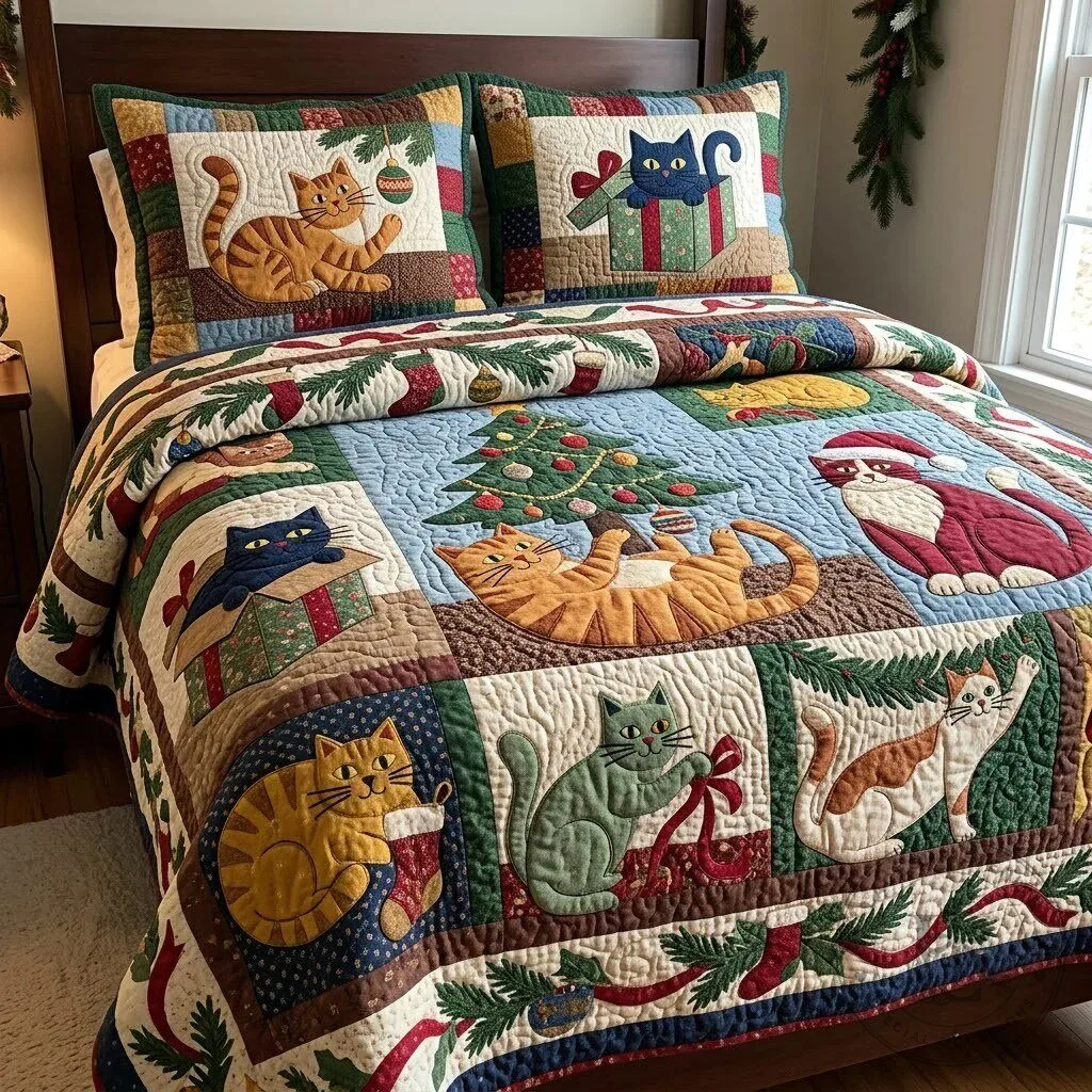 Christmas Cats Holiday Party Quilted Bedding Set with Pillow Shams