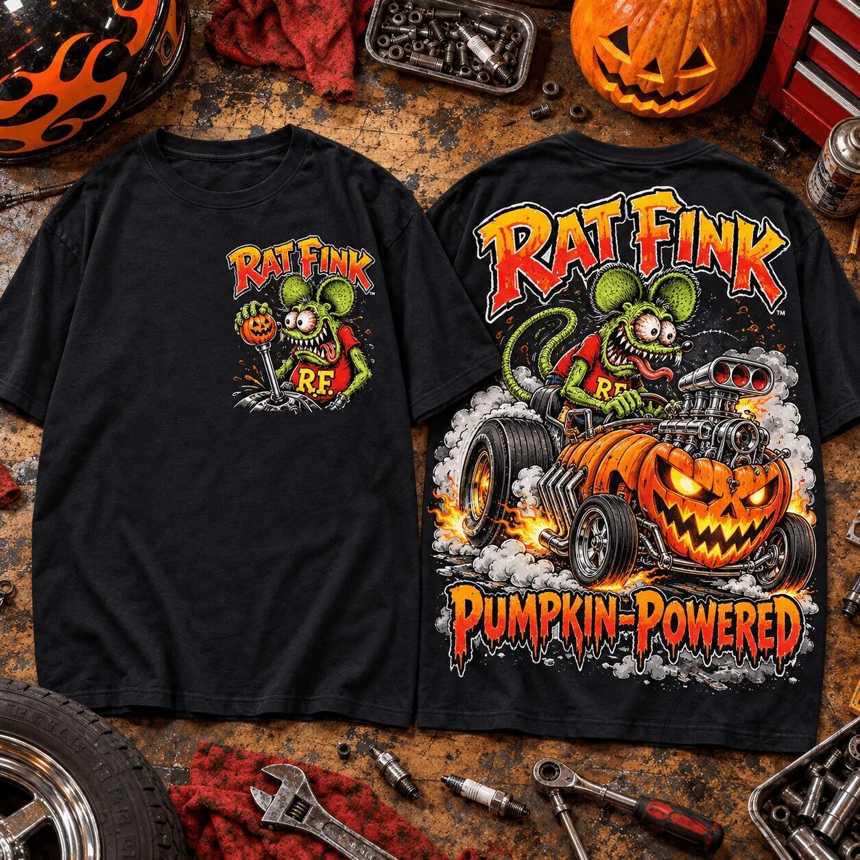 Rat Fink Pumpkin Powered Halloween Hot Rod Monster Graphic T-Shirt