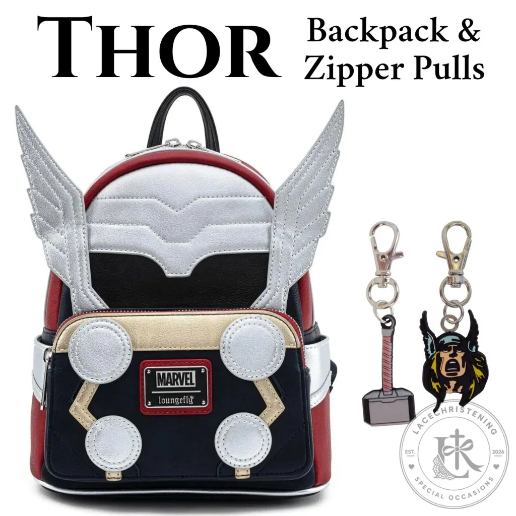 Marvel Thor Classic Cosplay Mini Backpack with Mjolnir and Loki Zipper Pulls Marvel Thor Classic Cosplay Mini Backpack with Mjolnir and Loki Zipper Pulls