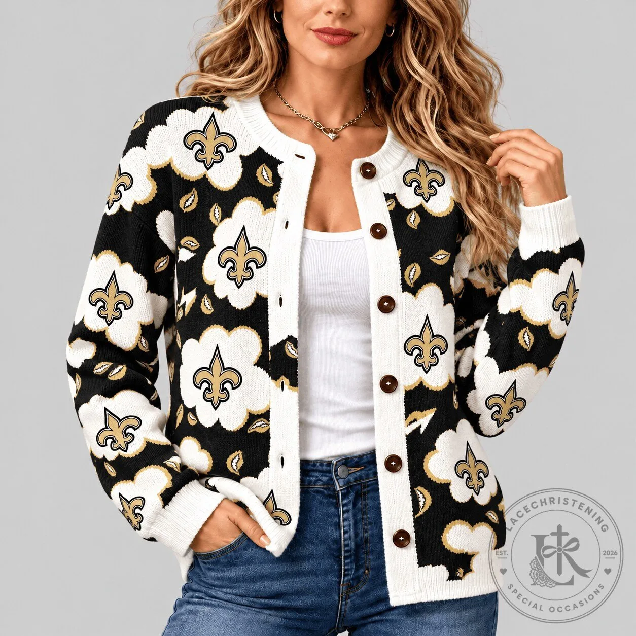 New Orleans Saints Fleur De Lis Pattern Knit Cardigan Sweater