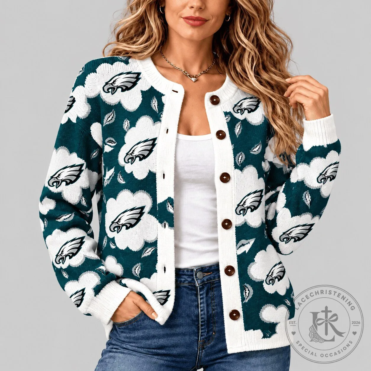 Philadelphia Eagles Kiss Pattern Knit Cardigan Sweater for Women