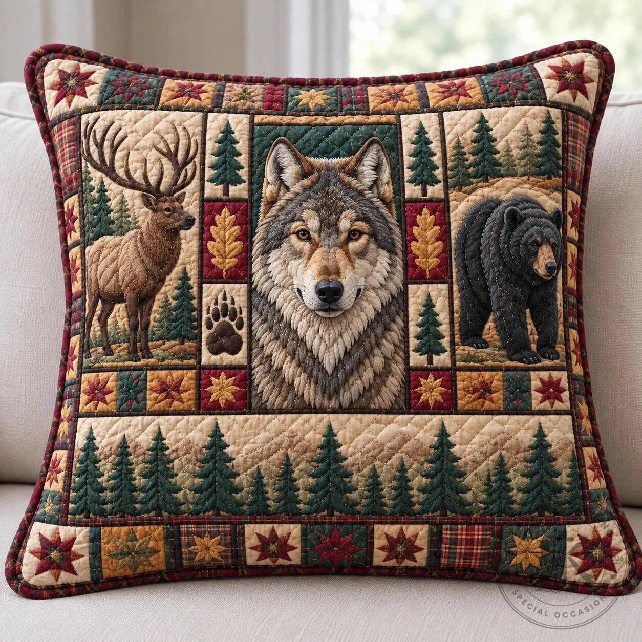 Rustic Woodland Haven Quilted Deer Wolf Bear Wildlife Decorative Pillow