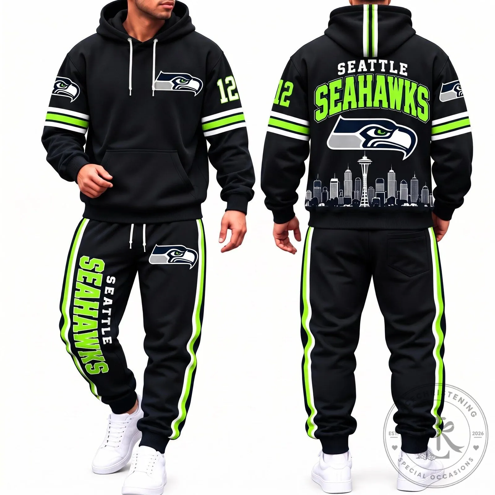 Seattle Seahawks Football Team Logo Black Hoodie Sweatshirt and Sweatpants Set