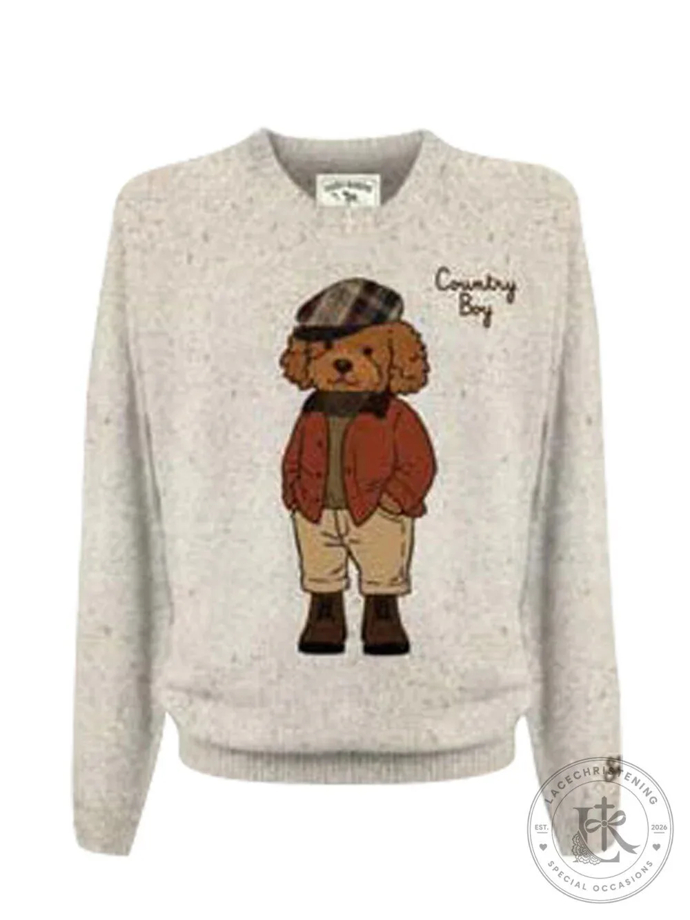 Country Boy Dog Wearing Flat Cap and Jacket Donegal Crewneck Sweatshirt