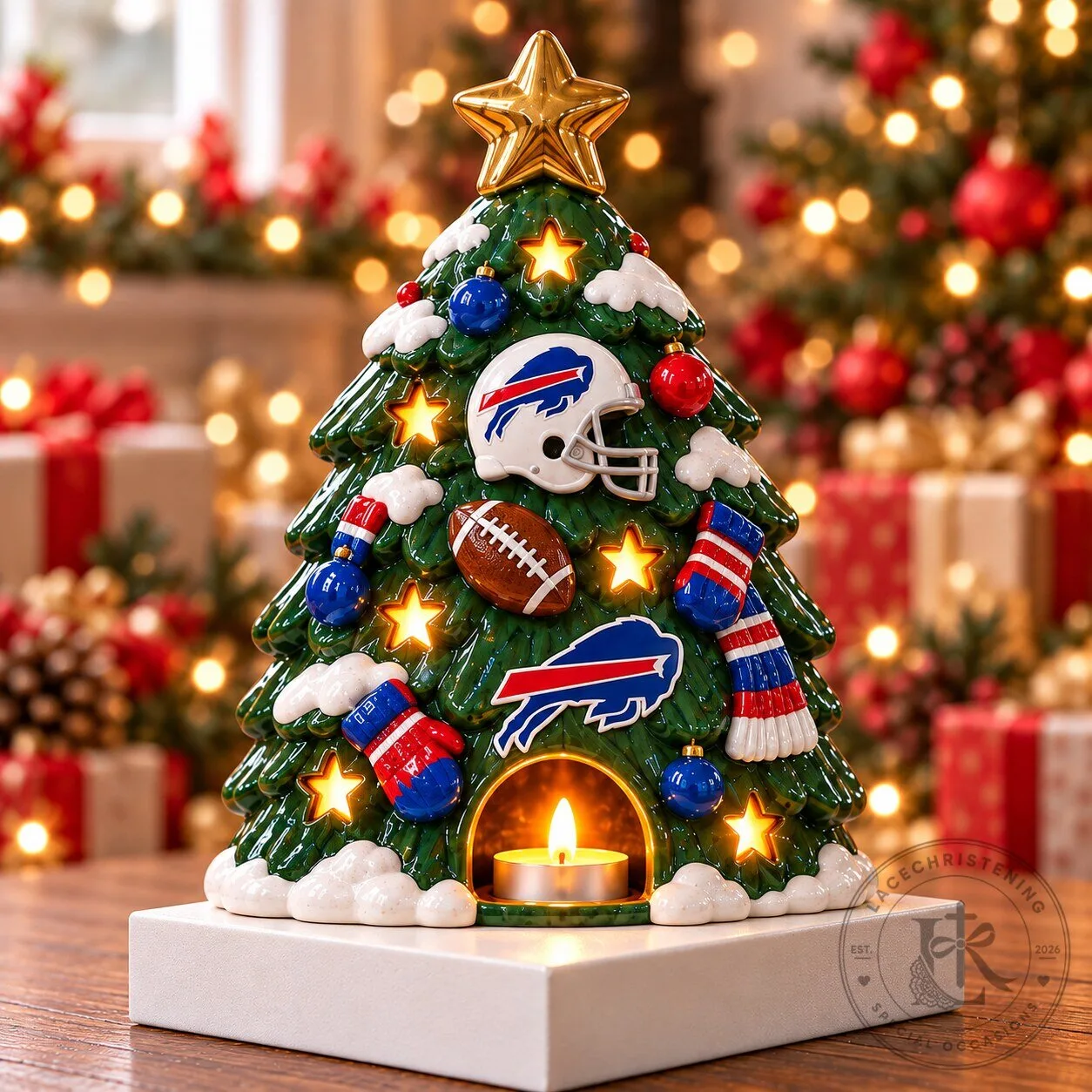 Buffalo Bills Christmas Tree Ceramic Candle Holder Festive Holiday Decor
