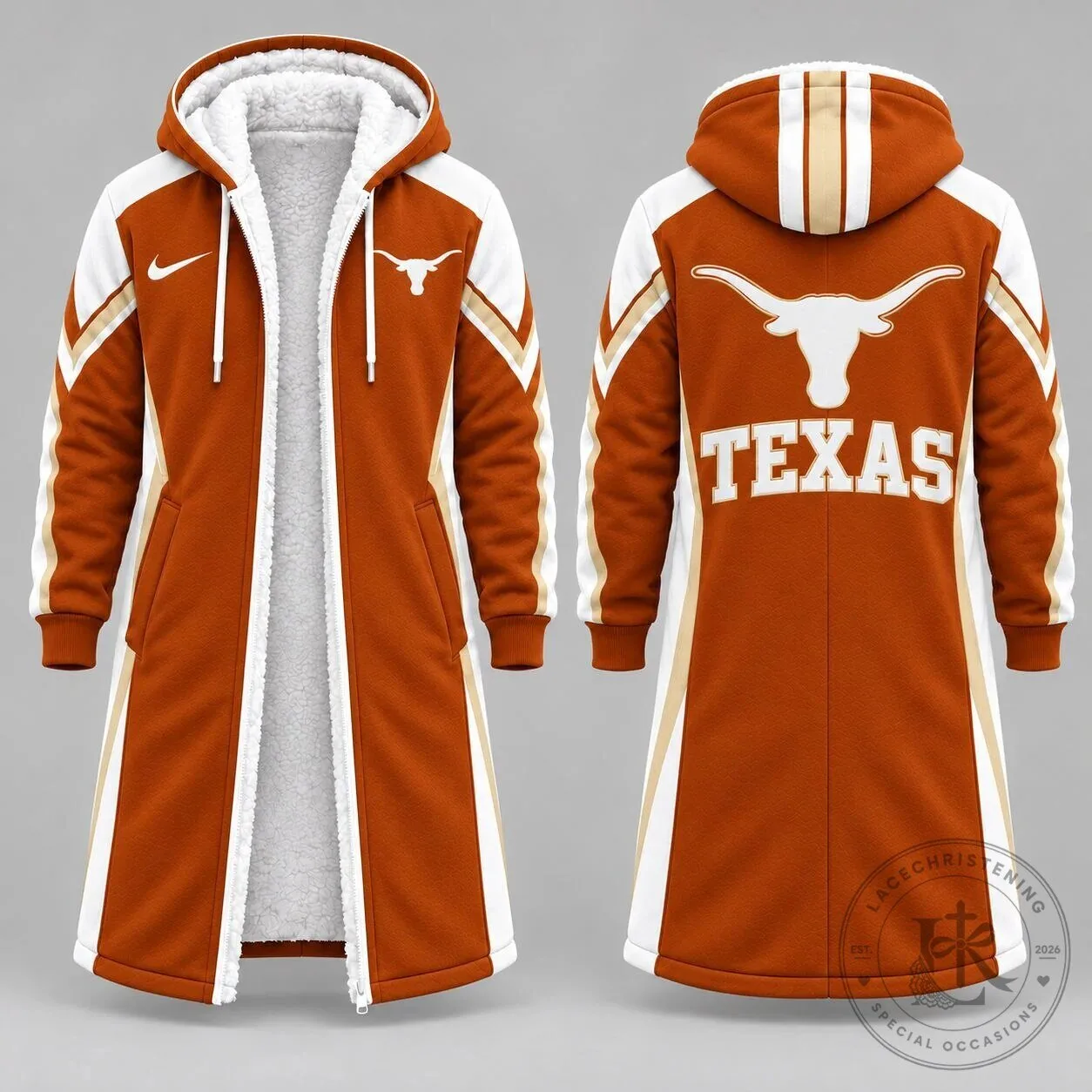 Texas Longhorns NCAA Game Day Long Hooded Sherpa Fleece Winter Jacket
