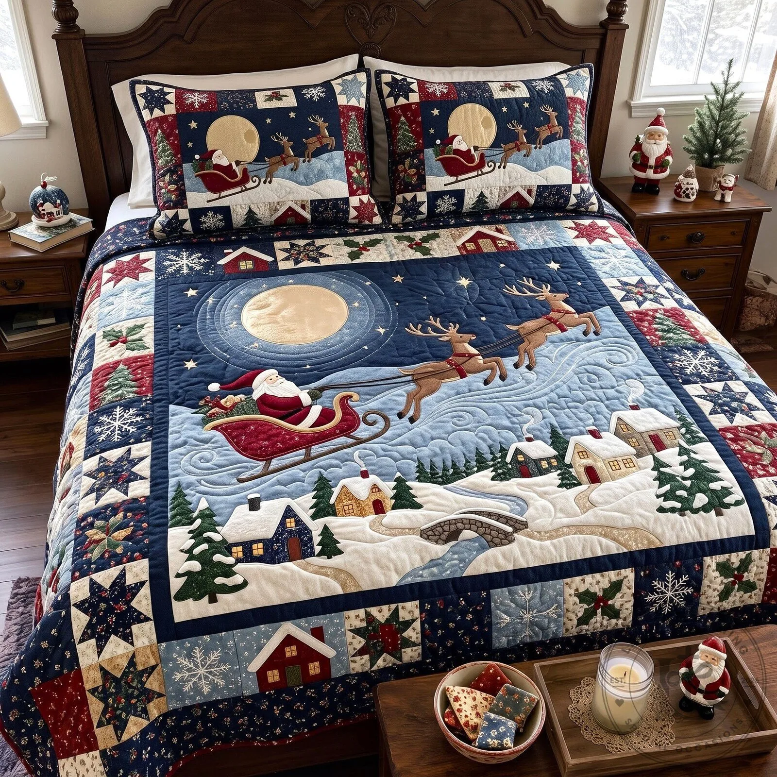 Santa Claus Christmas Sleigh Reindeer Holiday Winter Quilted Bedding Set