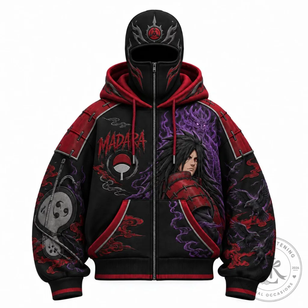 Naruto Madara Uchiha Anime Art Graphic Print Black and Red Hoodie with Mask Naruto Madara Uchiha Anime Art Graphic Print Black and Red Hoodie with Mask