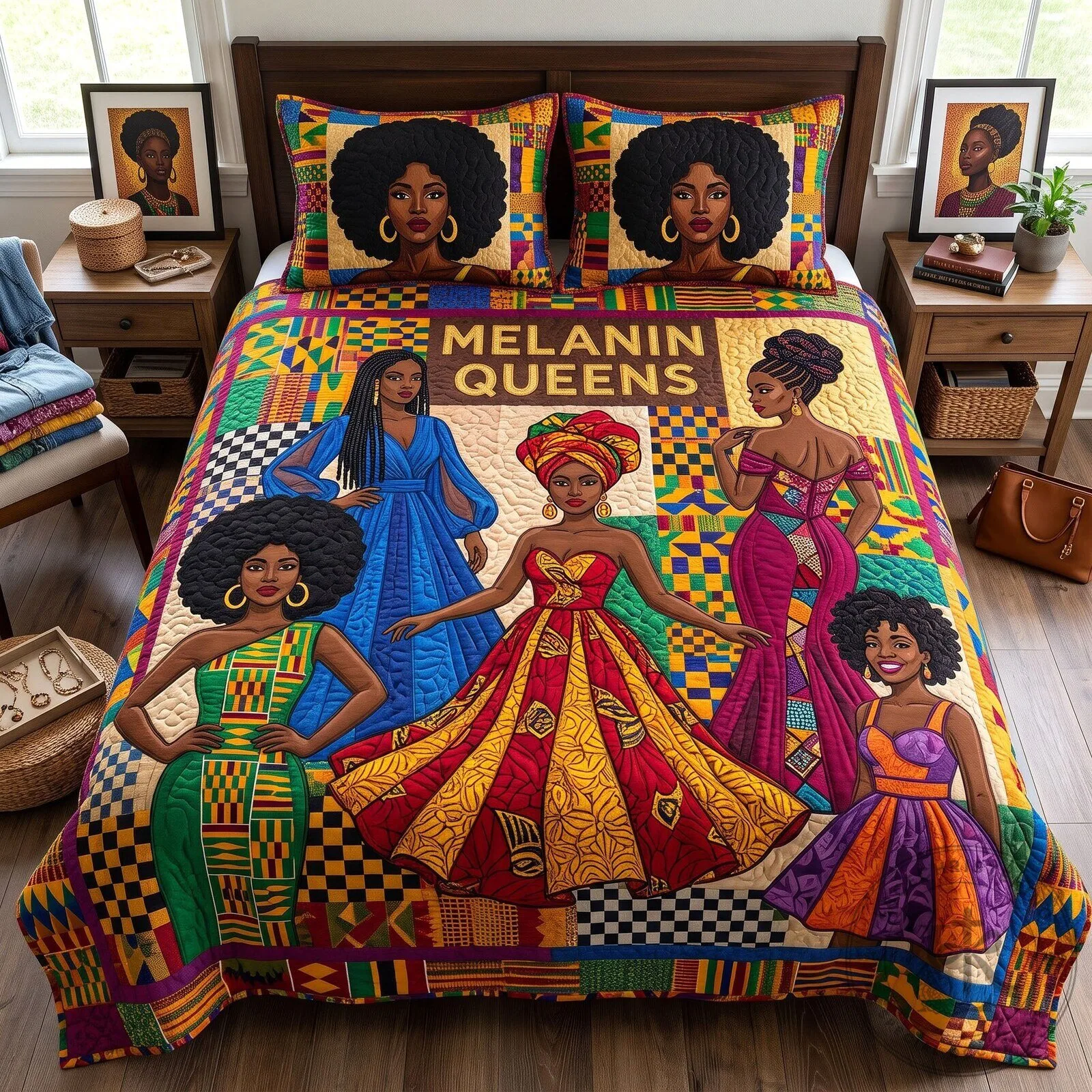 Melanin Queens African American Women Colorful Quilted Bedding Set