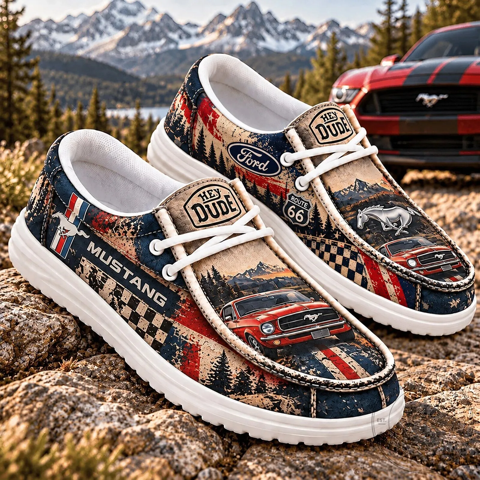 Ford Mustang Classic Car Route 66 Hey Dude Style Casual Shoes 1 Ford Mustang Classic Car Route 66 Hey Dude Style Casual Shoes