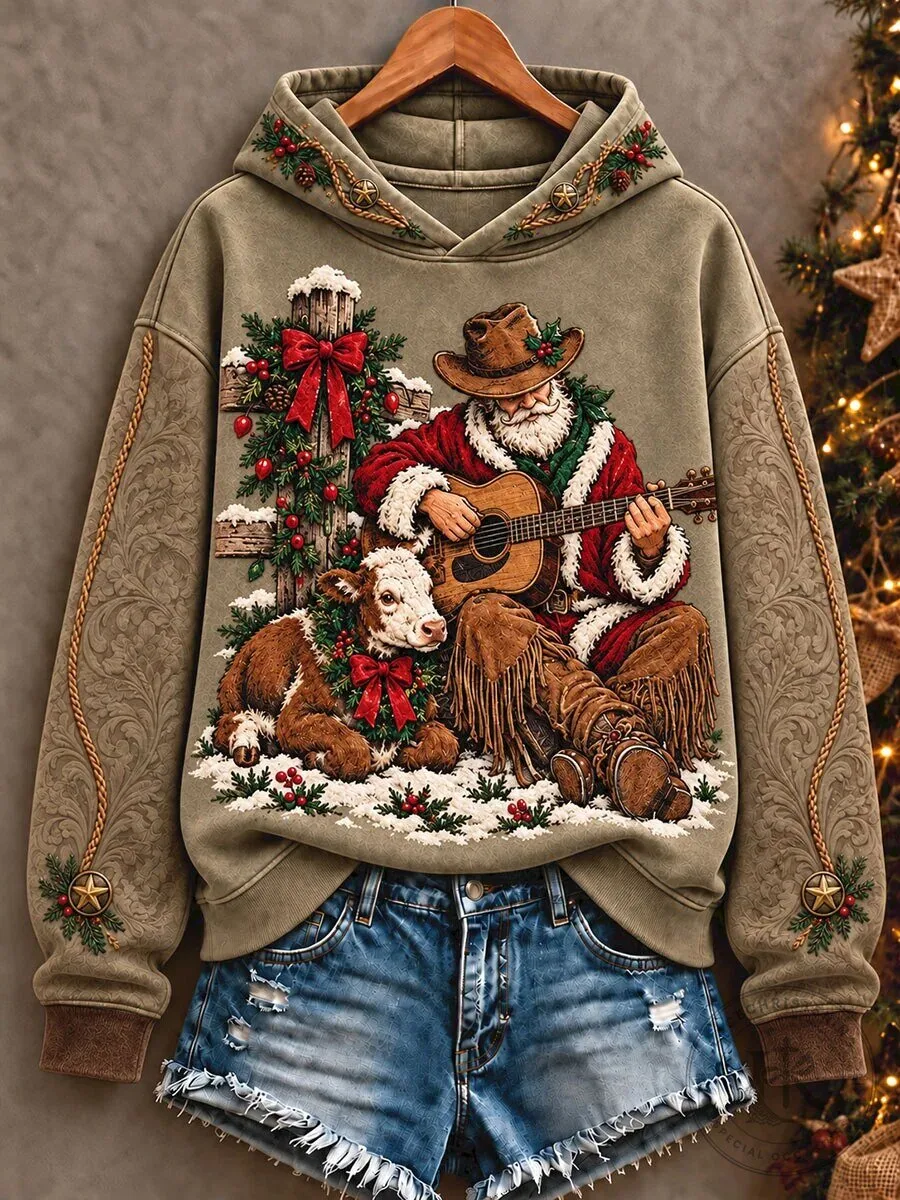 Western Santa Claus Playing Guitar with Calf Christmas Holiday Hoodie 3 Western Santa Claus Playing Guitar with Calf Christmas Holiday Hoodie