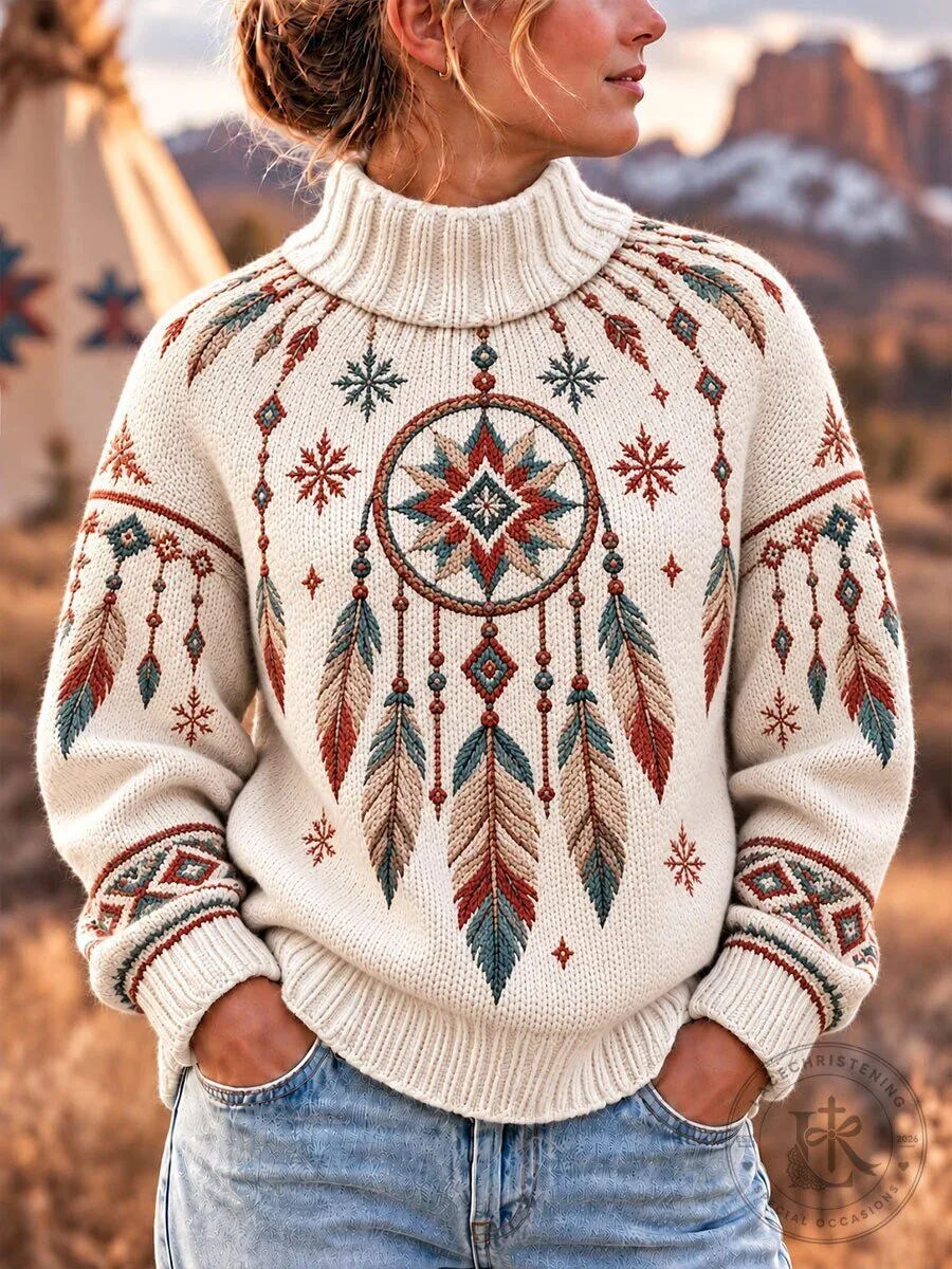 Native American Dreamcatcher Embroidered Turtleneck Pullover Sweater for Women