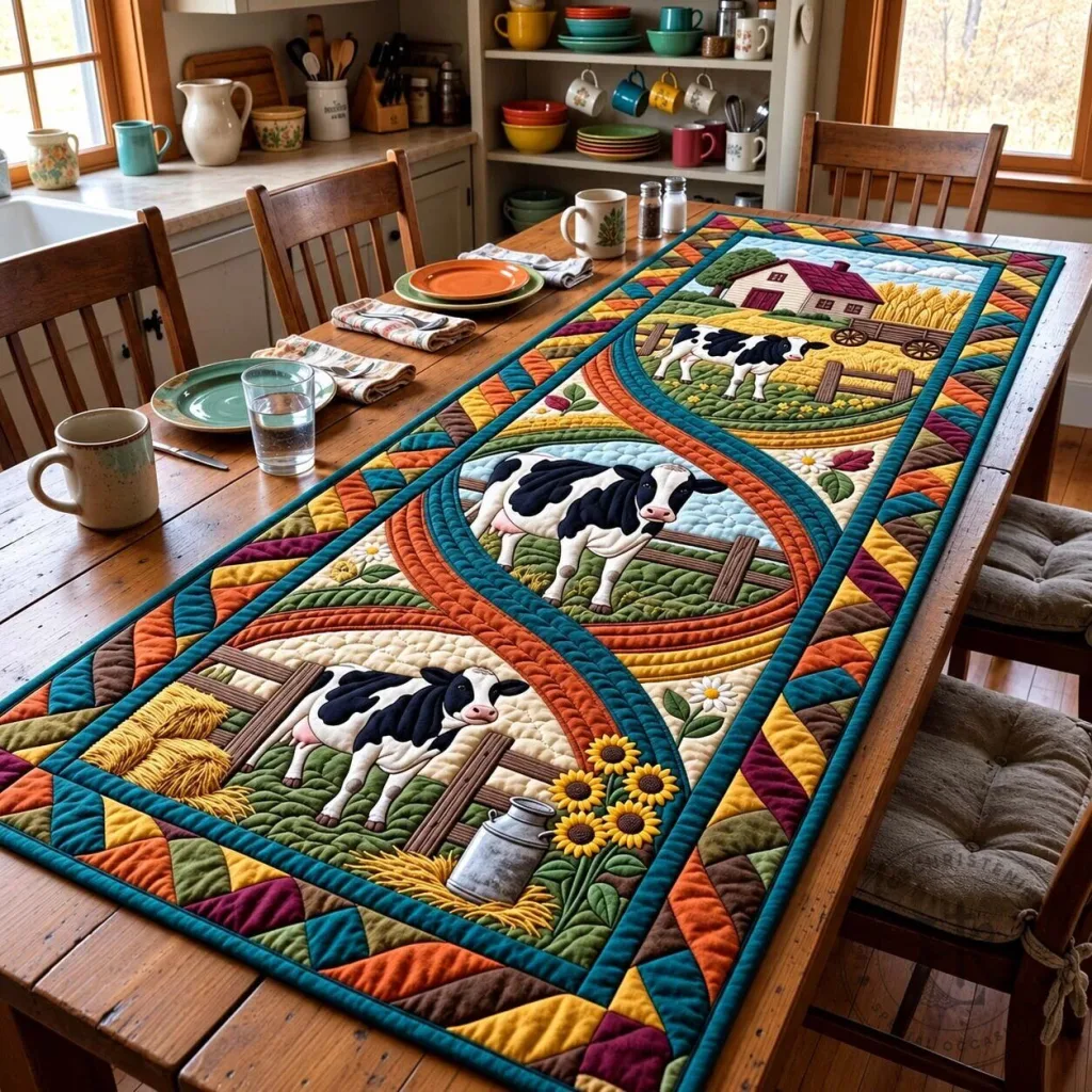 Autumn Cow Trail Farmhouse Quilted Table Runner Decor Autumn Cow Trail Farmhouse Quilted Table Runner Decor