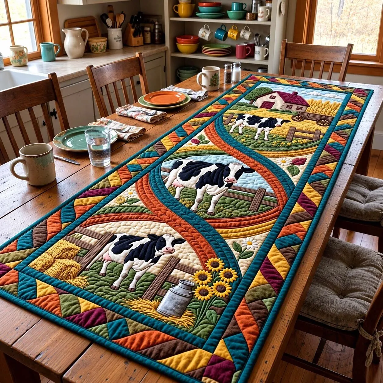 Autumn Cow Trail Farmhouse Quilted Table Runner Decor