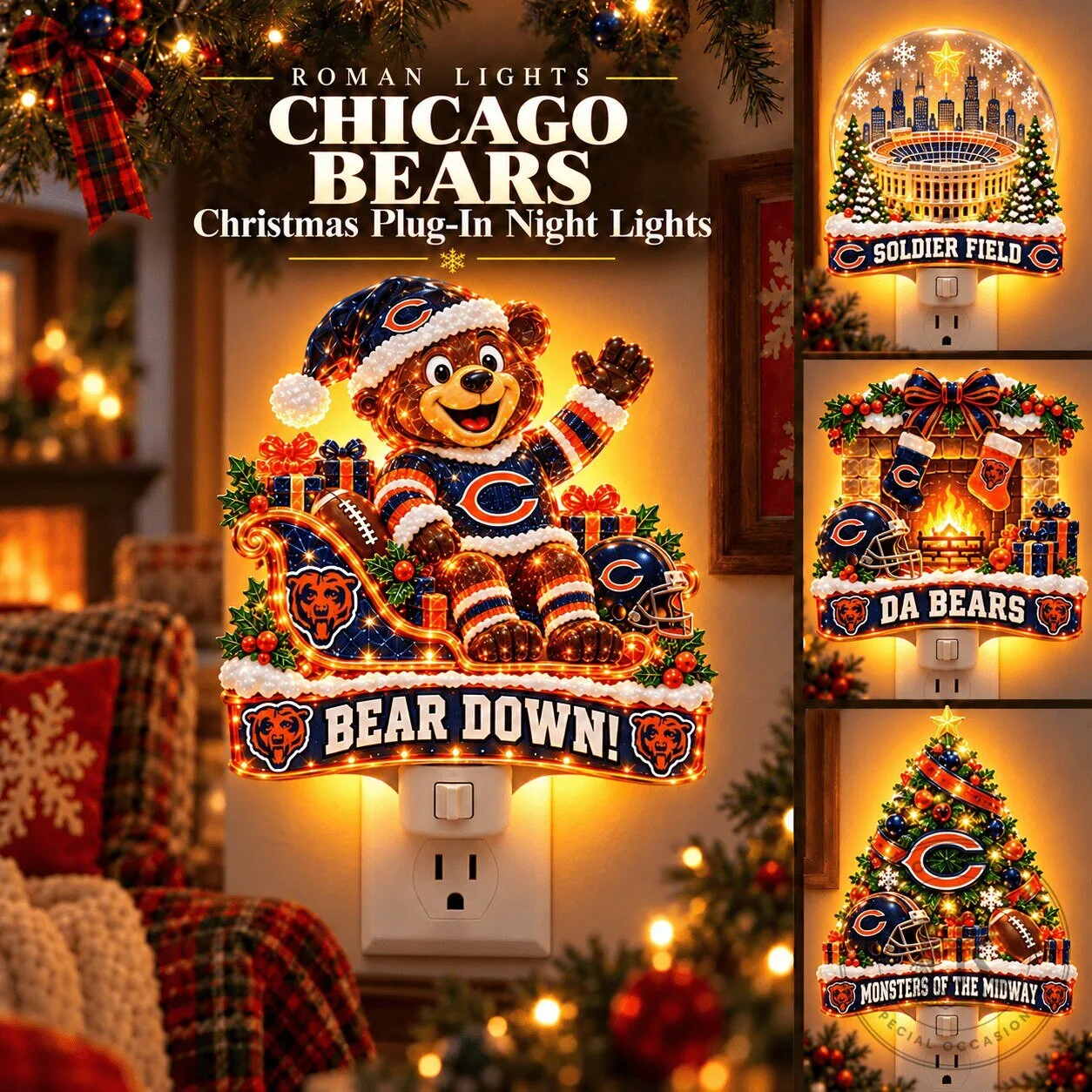 Chicago Bears Christmas Plug-In Night Light Set with Soldier Field and Monsters of the Midway