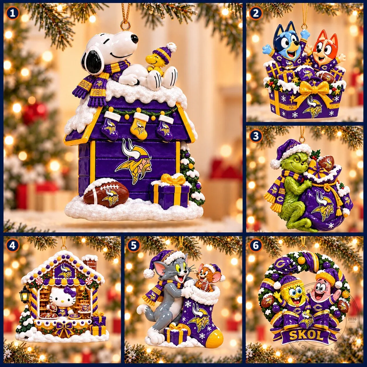 Minnesota Vikings Snoopy and Woodstock Christmas Tree Ornament