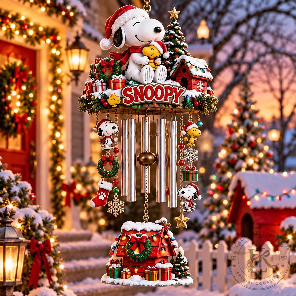 Snoopy Peanuts Christmas Holiday Outdoor Wind Chime with Woodstock Charm