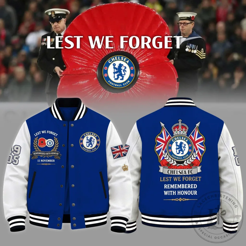 Chelsea Football Club Lest We Forget Remembrance Day Varsity Jacket Chelsea Football Club Lest We Forget Remembrance Day Varsity Jacket