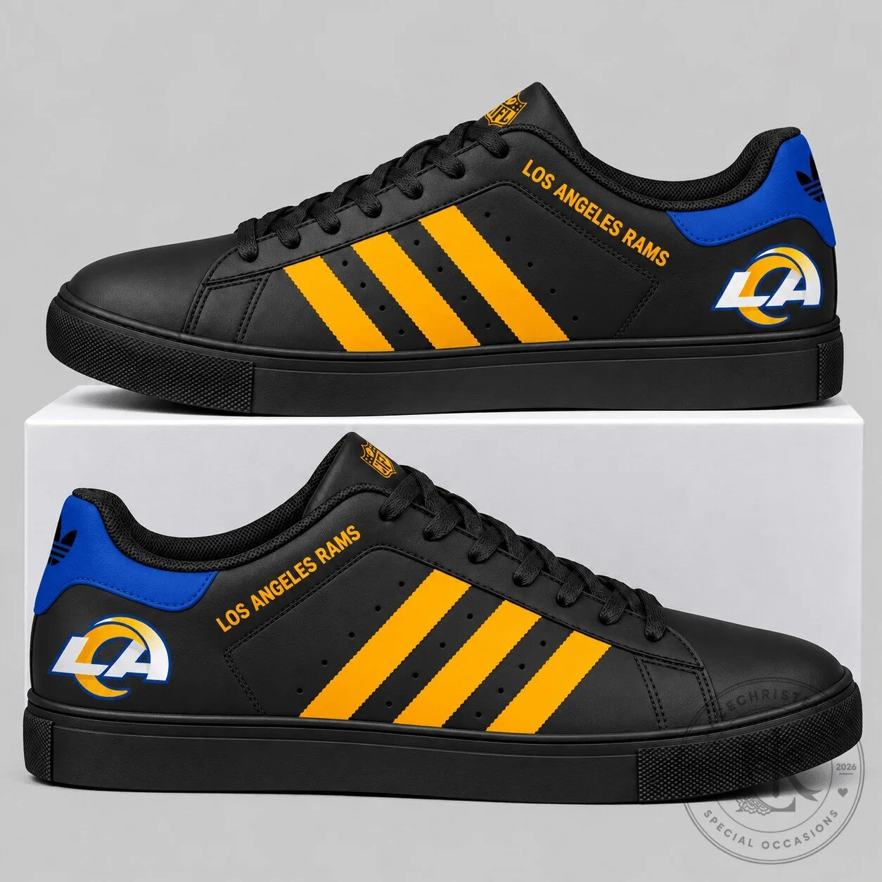 Los Angeles Rams NFL Team Black and Gold Stripe Low Top Sneakers
