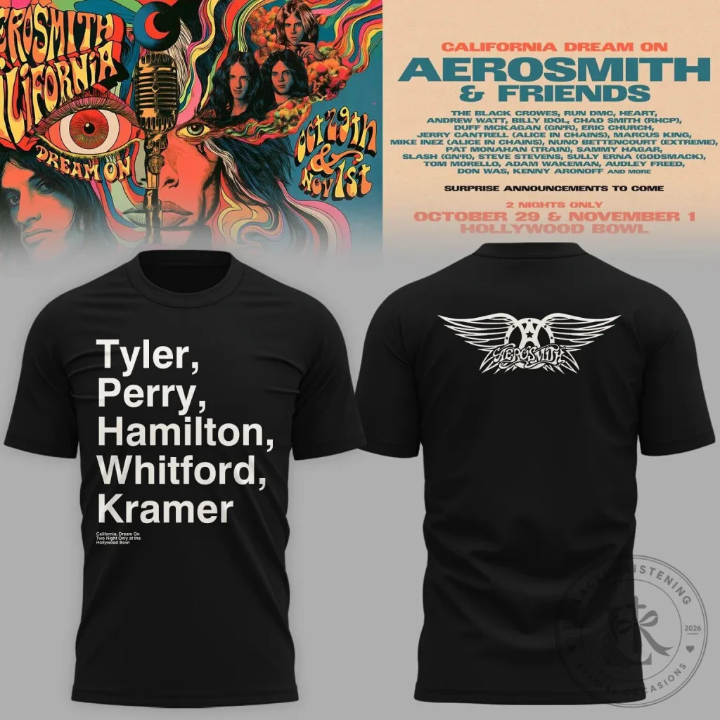 California Dream On Concert T-Shirt in Black featuring Aerosmith at Hollywood Bowl California Dream On Concert T-Shirt in Black featuring Aerosmith at Hollywood Bowl